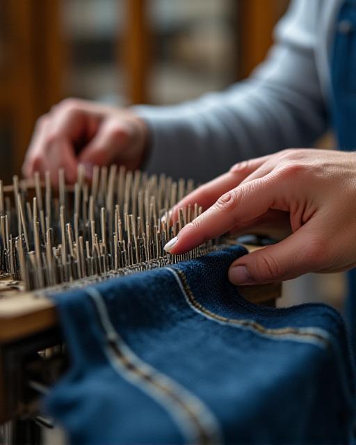シャトル織機を操作する職人の手元のクローズアップ